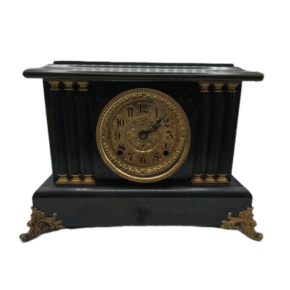 Antique Seth Thomas Black Adamantine 6 Pillar Mantle Clock Lions Head 1880s READ